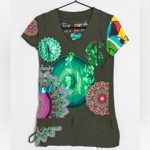 Desigual Brown V-Neck Multi Print Floral Medallion Tie Waist Basic T-Shirt Small